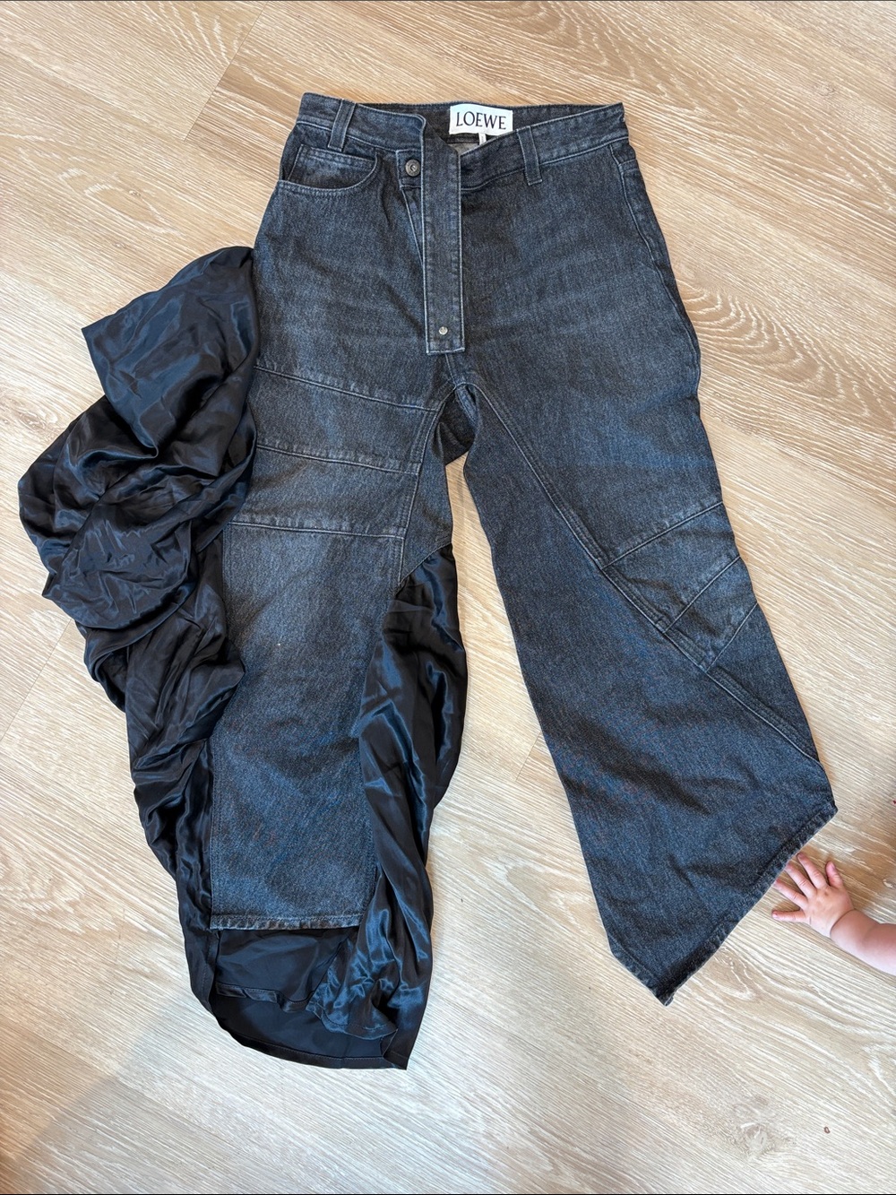 Loewe Black Wide-Leg Denim Jeans with Draped Satin Panel